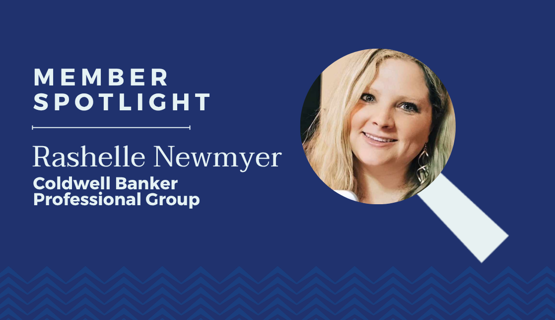 Member spotlight featuring Rashelle Newmyer from Coldwell Banker Professional Group on a blue background