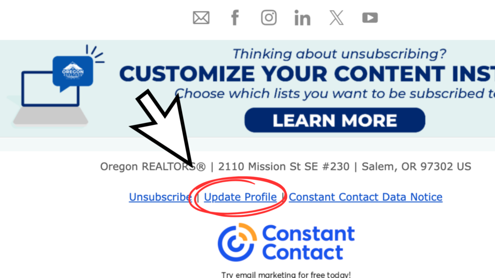 Email footer with options to update profile or unsubscribe from Oregon REALTORS updates.