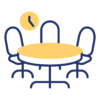 Meeting room with round table and three chairs under a wall clock